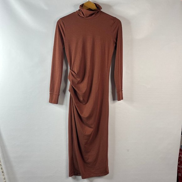 Athleta Womens Havana Terracotta Midi Dress Ruched Sheath Turtleneck Wool XS - Picture 2 of 11